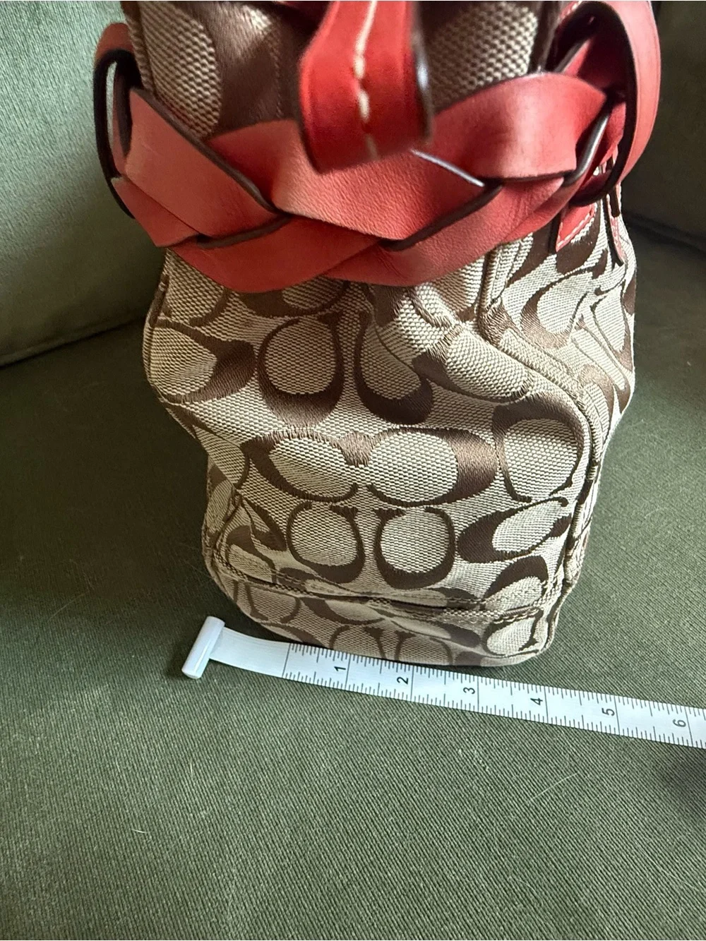 Coach Tan Signature Canvas Tote with Coral Leather Trim
